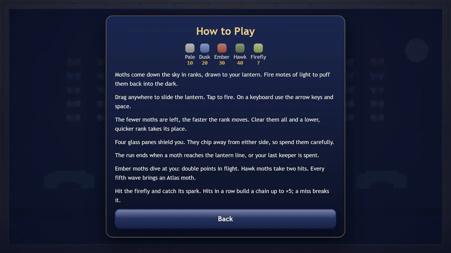 How to Play: valores de las polillas Pale 10, Dusk 20, Ember 30, Hawk 40 y Firefly ?, sobre siete párrafos breves de reglas