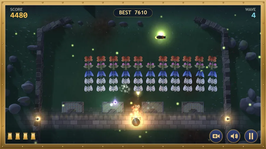 Overhead view of wave 4: five rows of moths march toward four glass panes while a firefly glows and the lantern fires