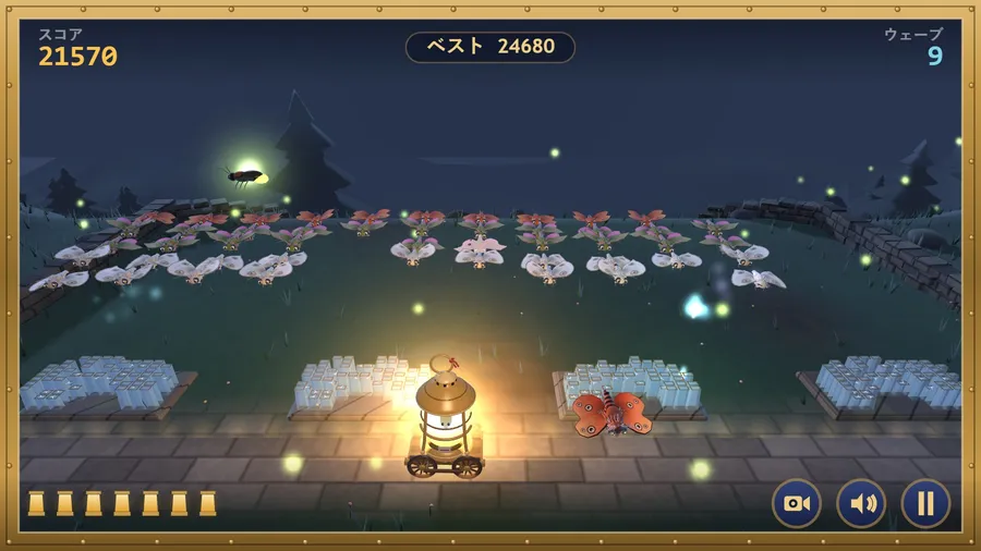 The game in Japanese: wave 9 with chewed glass panes, a glowing firefly bonus and an ember moth diving at the lantern