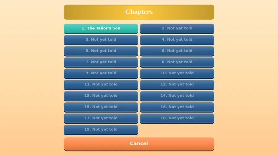 Capítulos: 19 botones, 1. The Tailor's Son abierto y los capítulos del 2 al 19 marcados Not yet told, con Cancel debajo
