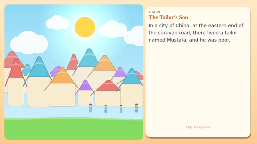 Chapter 1: a bright city of pointed roofs, with the opening text of the tale beside the picture.