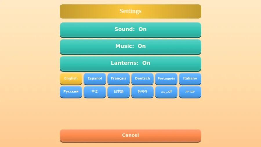 Ajustes: Sound, Music y Lanterns en On, doce botones de idioma con English seleccionado y Cancel