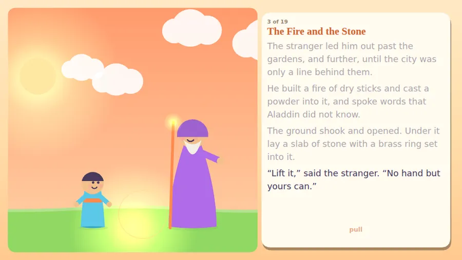 Chapter 3: the stranger beside a glowing spot on the grass, with a pull prompt to lift the stone.