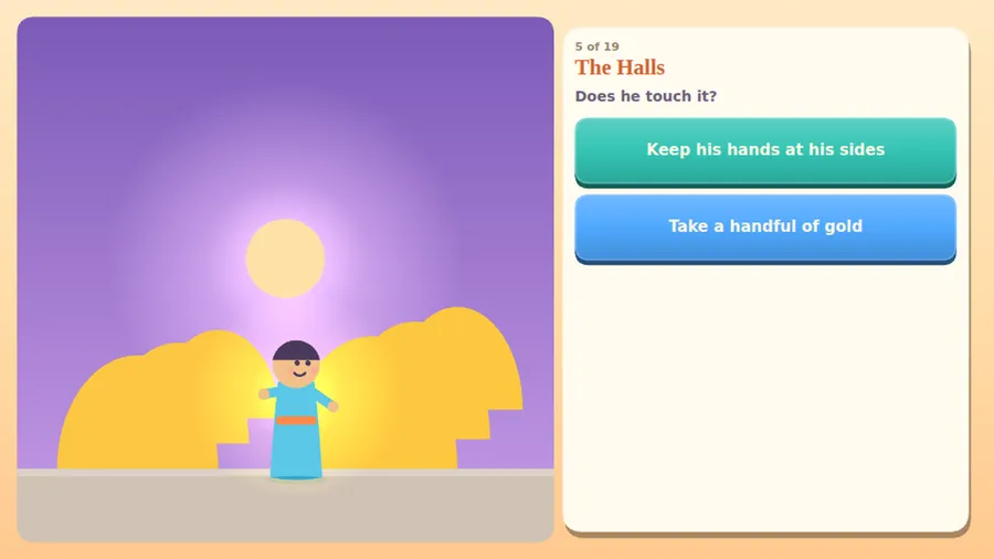 Chapter 5: a boy stands before a golden hall under a purple sky, with a choice about touching the gold.