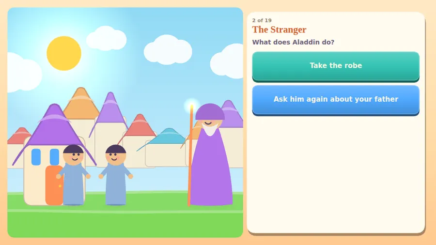 Capítulo 2, The Stranger: un hombre con túnica morada y bastón frente a dos chicos; las opciones Take the robe o Ask him again about your father