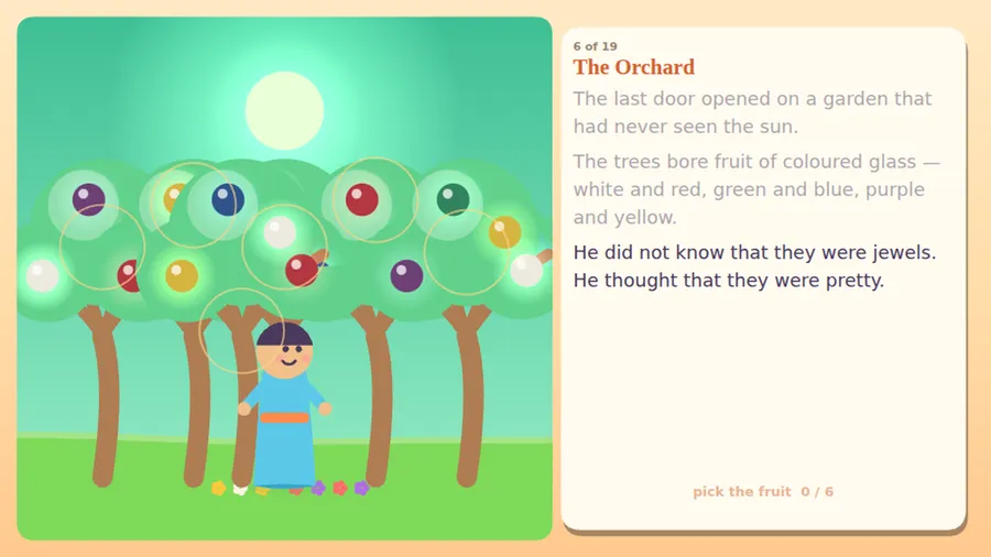 Chapter 6: an orchard of glowing coloured fruit, with a prompt to pick the fruit and a counter at 0 of 6.
