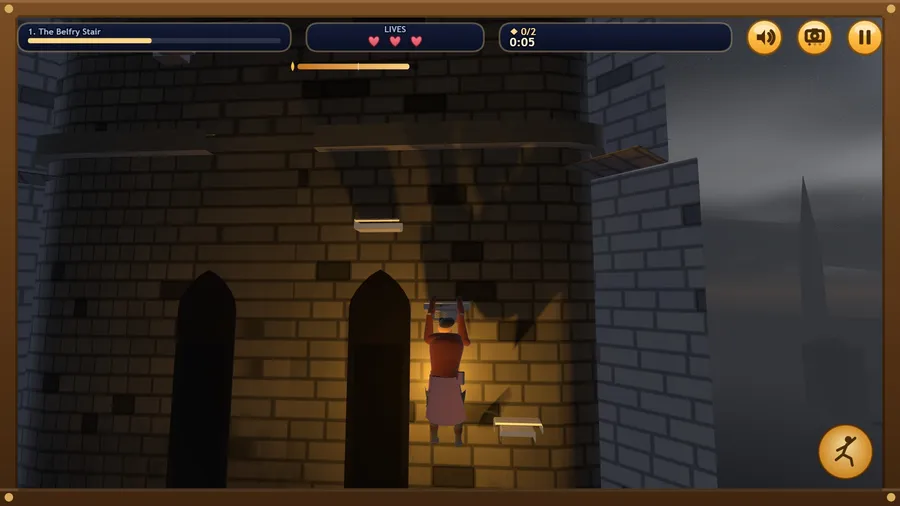 The Belfry Stair: the lamplighter hangs from a ledge between two dark pointed windows of the cathedral tower