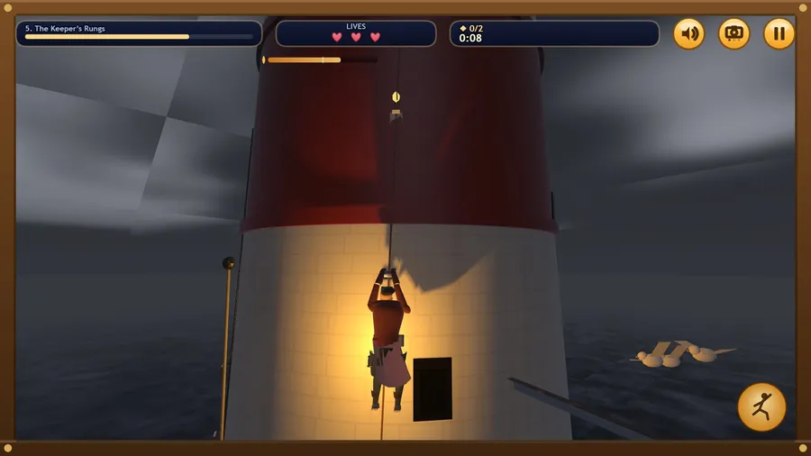 The Keeper's Rungs: climbing iron rungs up the white lighthouse below its red band, a grey storm sea behind