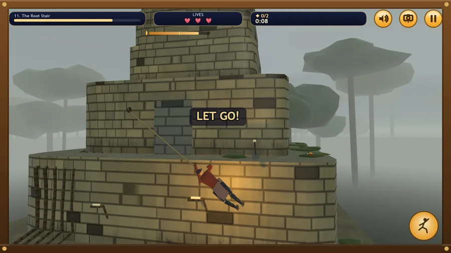 The Root Stair: swinging on a rope past the jungle temple's stone terraces, with a LET GO! cue