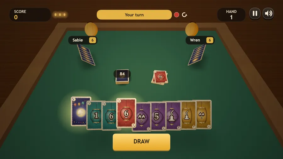 A green card table: eight cards in your hand, a red 6 on the pile, 84 in the deck, Sable and Wren on 6 each, Your turn