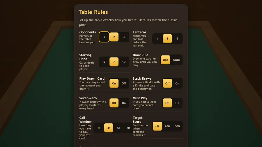Table Rules: Opponents 2, Lanterns 3, Starting Hand 7, Draw Rule One, Play Drawn Card on, Stack Draws and Seven-Zero off