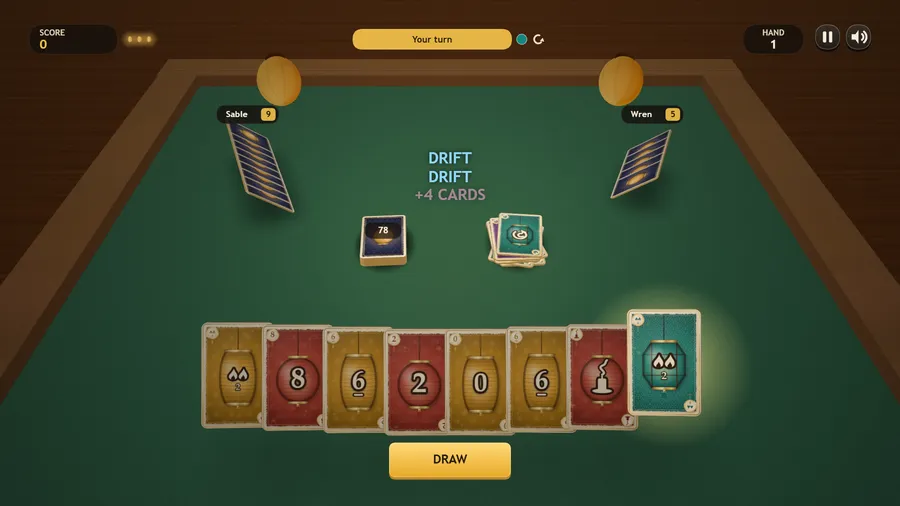 A Drift card adds four cards to an opponent: the pile shows DRIFT and +4 CARDS, and the player's hand has grown.