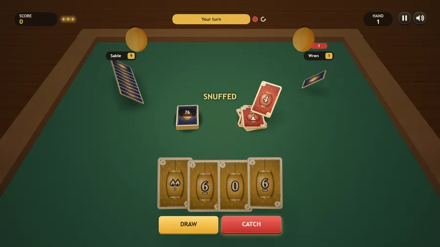A red card is played with SNUFFED shown, while an opponent shows one card left and a red Catch button appears.
