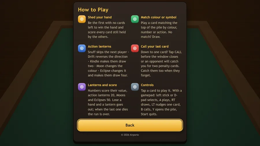 How to Play: six cards covering shedding, matching, action lanterns, calling your last card, scoring and the controls