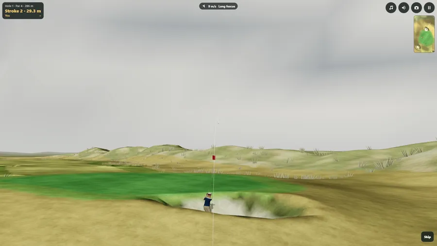 A shot from a greenside pot bunker in the air toward the flag, watched from across the green on a grey day.