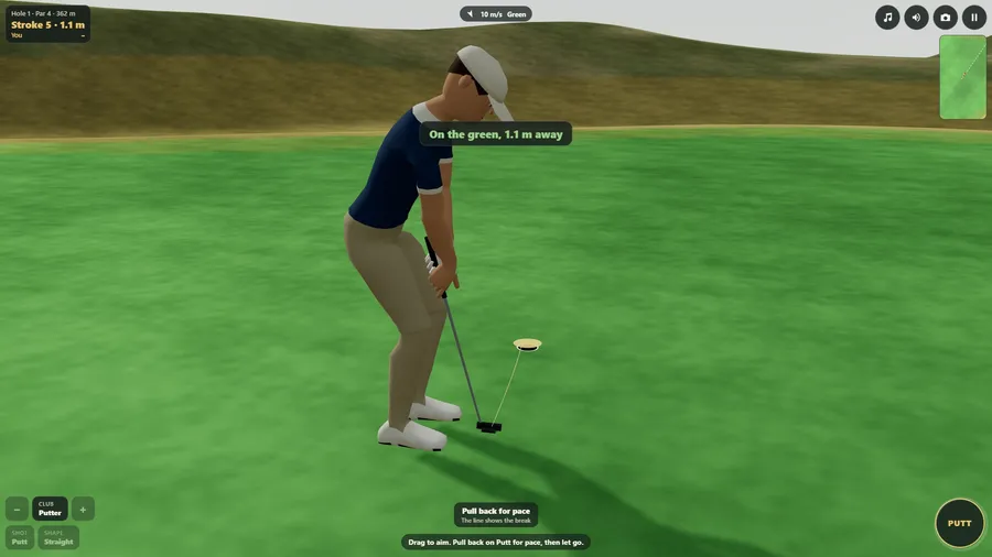 The low view behind a putt: the golfer over the ball and the line to the hole drawn on the green.