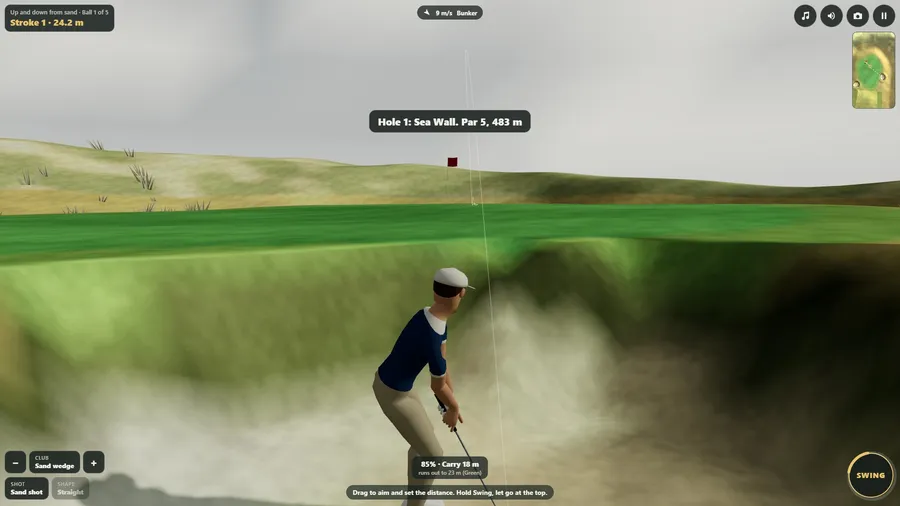 A golfer down in a deep pot bunker with turf walls, sand wedge in hand, the flag above on the green.