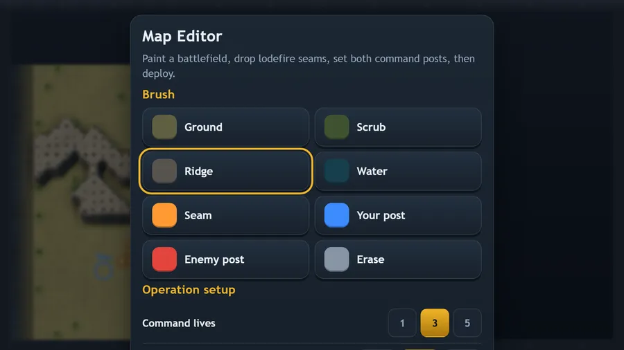 The Map Editor over a 3D battlefield: brushes for ground, scrub, ridge, water, seams and both command posts