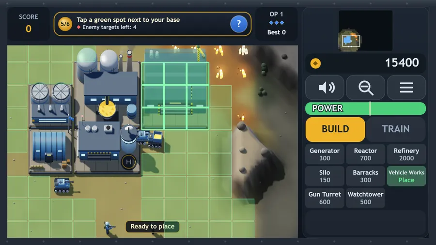 A green ghost of the Vehicle Works stands on lit green cells beside a 3D base; its card reads Place