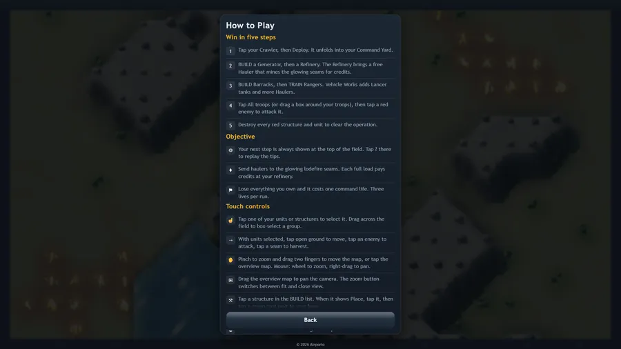 How to Play: the five steps to win, the Objective, and the touch controls, ending in a Back button