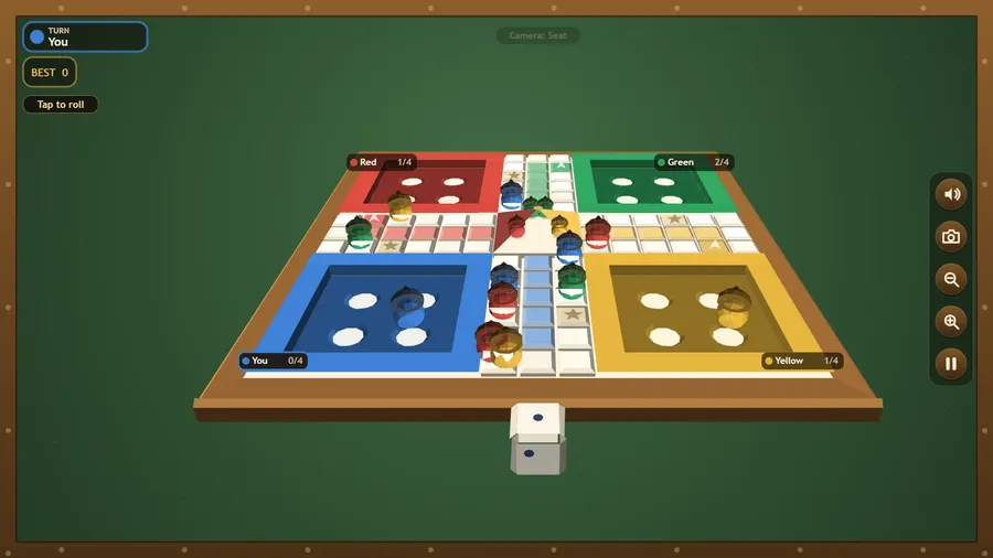A busy late-game board seen from the player's seat, with acorns spread along the track and some already home.