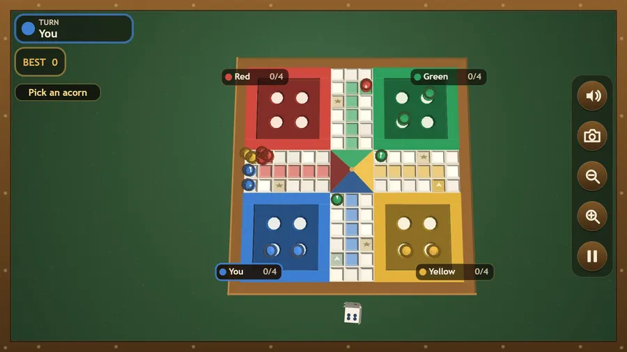 Overhead camera straight down on the board: acorns spread along the track, Turn: You and Pick an acorn