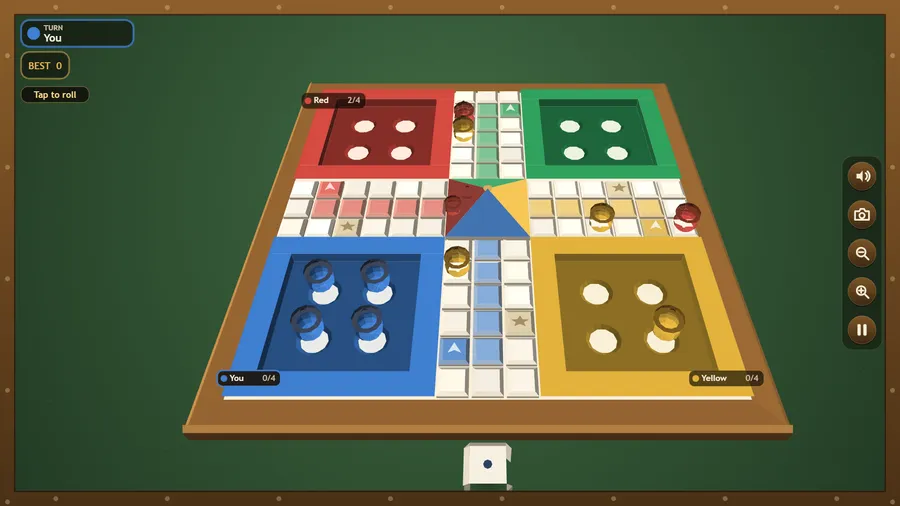 A closer camera view of the board with a few acorns out on the track and the blue player's four acorns in their yard.