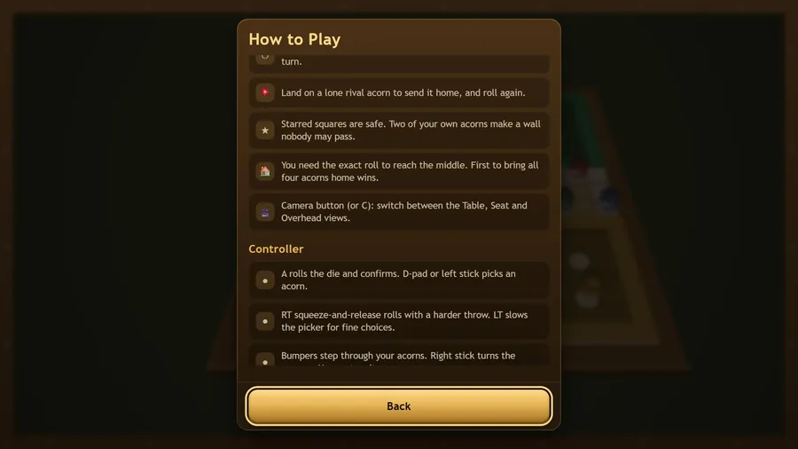How to Play scrolled to its last rules and the camera line, then the Controller list above a Back button
