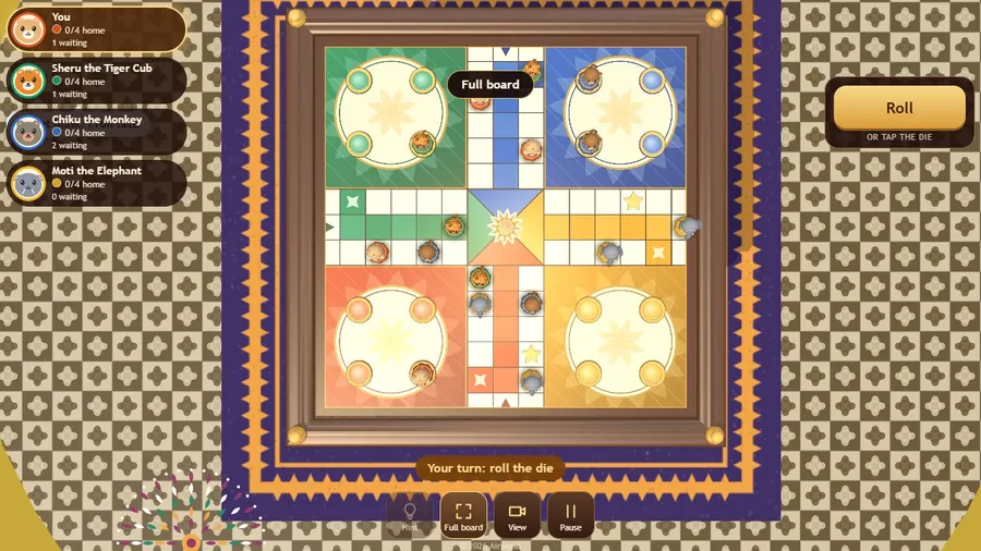 Full-board view of a four-player Ludo game: coloured yards, a cross of squares, brass stars and animal tokens.