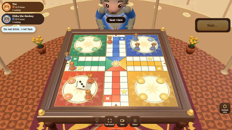 Seat view: an ivory die tumbles across the Ludo board while animal rivals sit on their stools.