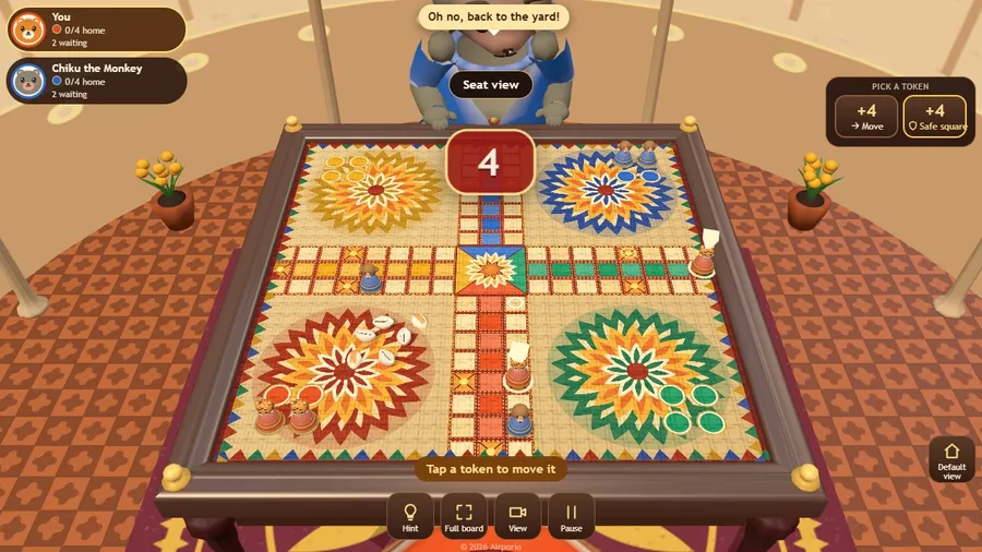 Pachisi on an embroidered cloth: six cowrie shells have landed, mouth up and down, beside the cross of squares.