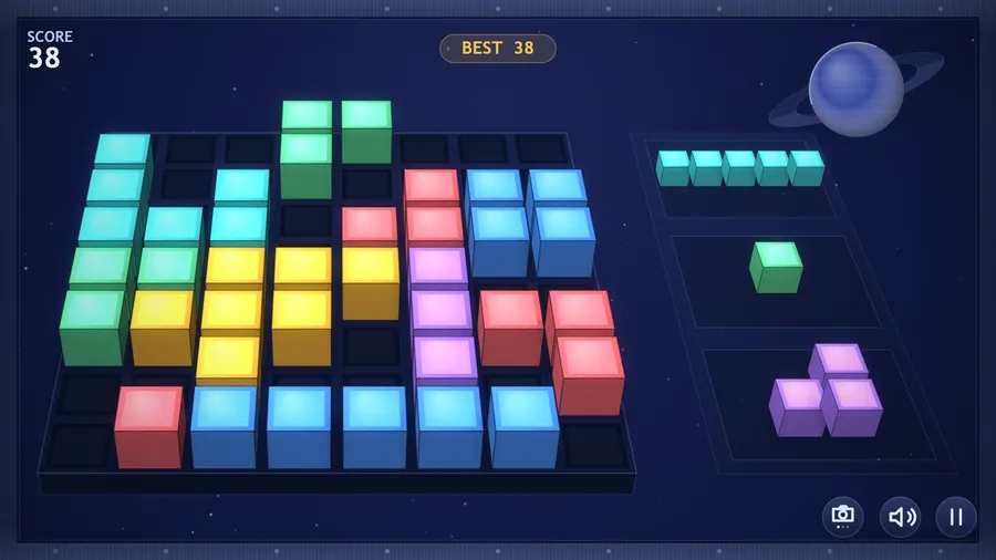 The usual view: a 3D 8×8 grid of glowing cubes, a cyan bar, one green cube and a purple piece in the tray; score 38