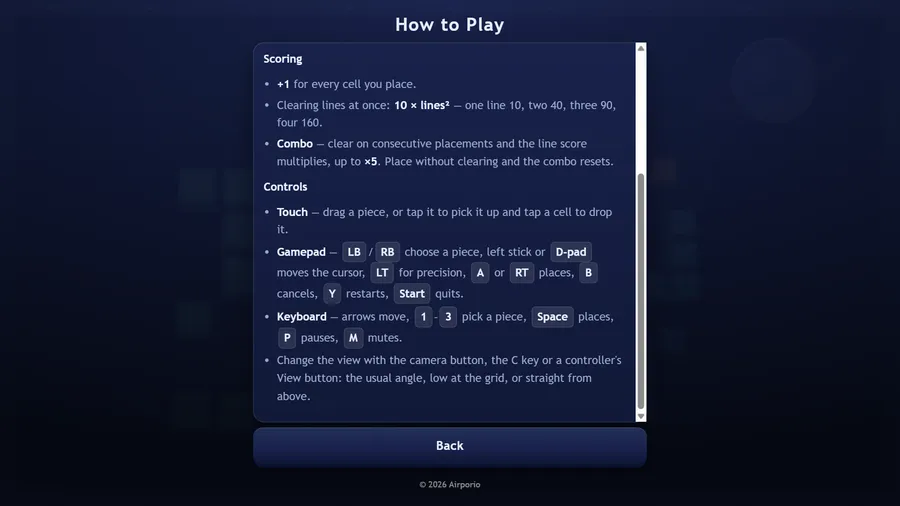 How to Play, scrolled to the end: scoring (+1 per cell, 10 × lines², combo up to ×5), the controls and the camera views