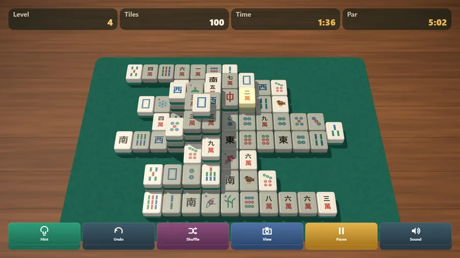 Level 4 on the angled camera: 3D tiles on a felt mat, 100 left, time 1:36 against a par of 5:02, one tile selected