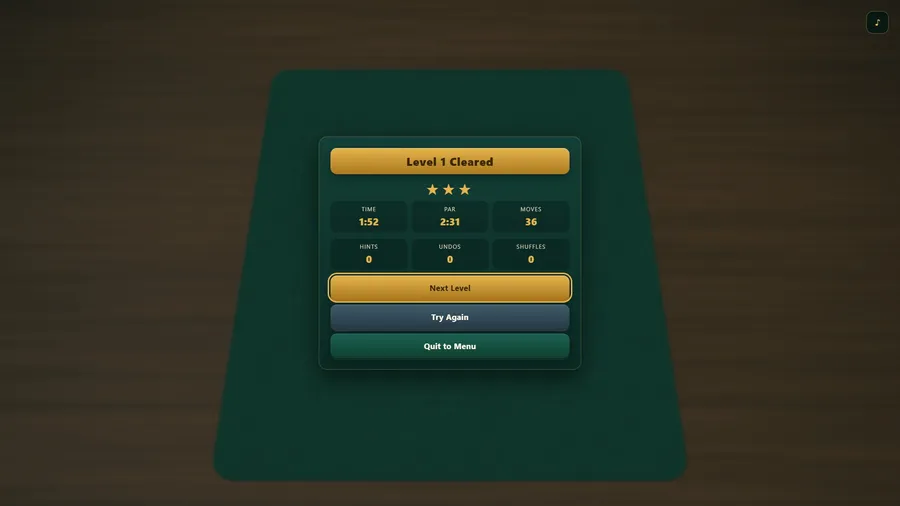 Level 1 Cleared with three stars: time 1:52 under a par of 2:31, 36 moves, no hints, undos or shuffles