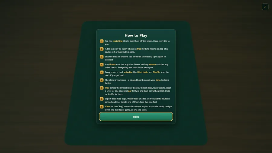 The How to Play panel with nine numbered rules, the last on turning the camera with View or the C key
