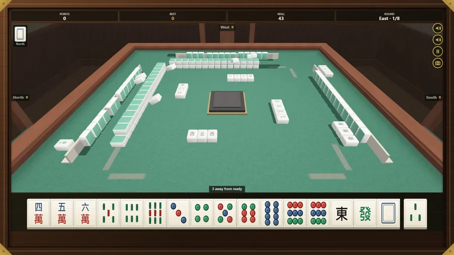Seated view: the square table in its room, a dice dome on the green felt, tile walls at four seats and your seventeen below