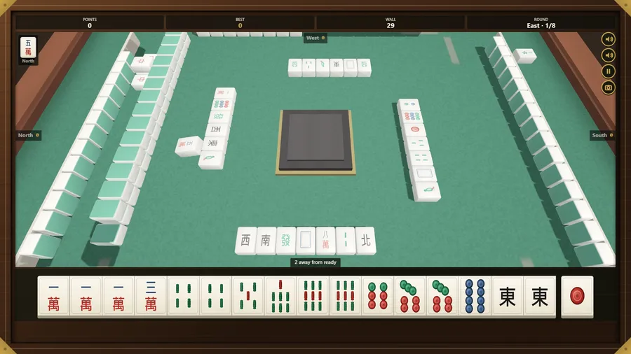 Discards close-up: every pool face up and readable around the dice dome, with 29 tiles left in the wall