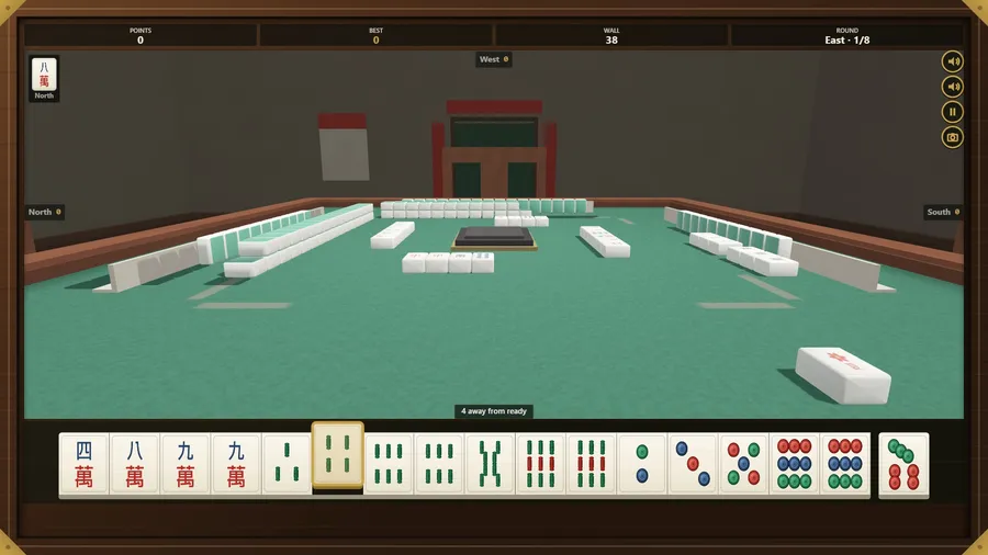 Low camera at the rim: level with three hands on white tile racks, a green door with red couplets beyond