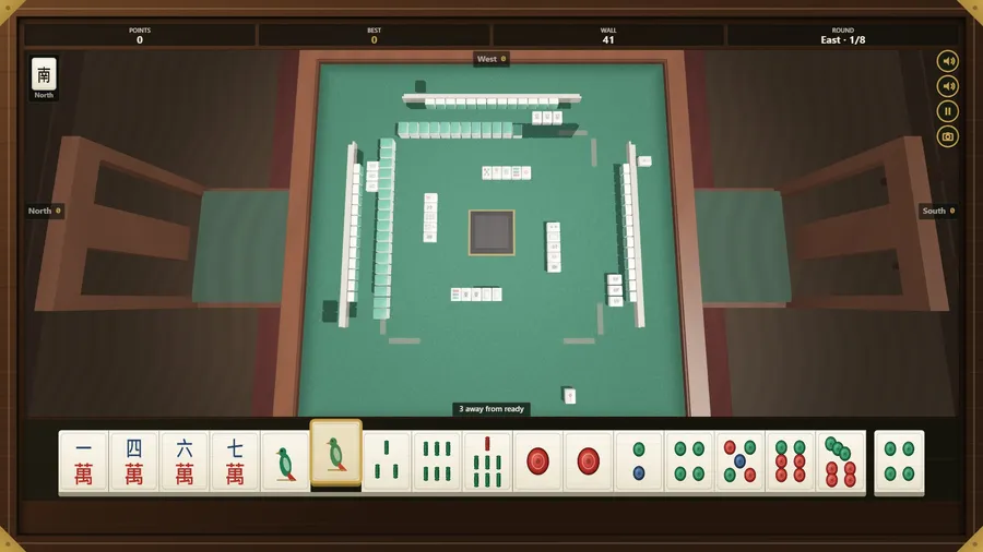 Overhead: the square table entire — four walls, four pools, the dice dome and the seat marks inlaid in the felt
