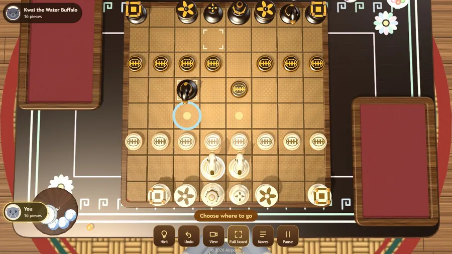 Early in a game as White: the whole board in view, a piece selected, gold dots showing where it can move.