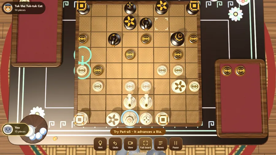 Mid-game with a hint shown by green rings, and the reason the move is good written out.