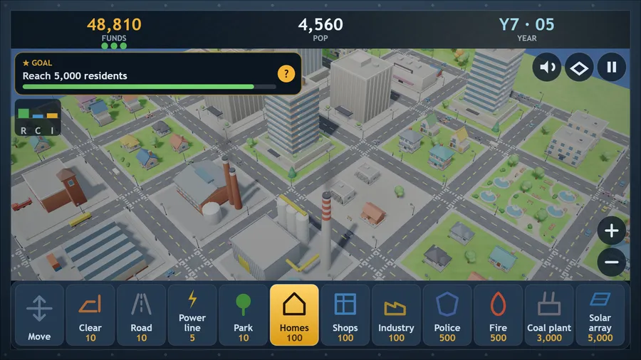 A 3D city by day: houses, apartment towers, offices, a factory with chimneys and a park; goal Reach 5,000 residents