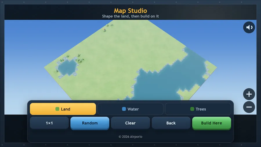 Map Studio in 3D: a grass island with a lake and a bay, over Land, Water, Trees, Random, Clear, Back and Build Here