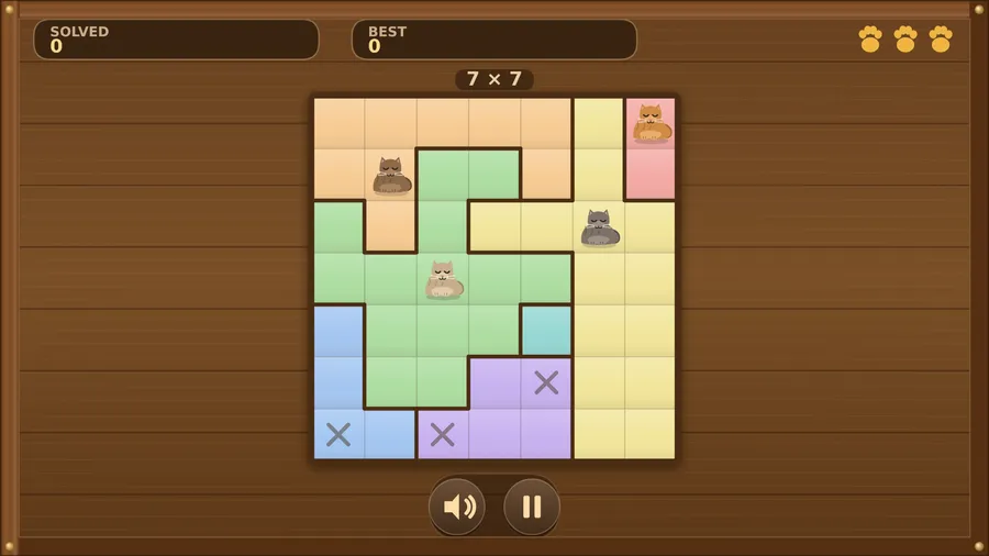 A 7×7 floor of coloured patches with four sleeping cats and three crossed-out squares; Solved 0, Best 0 and three paws