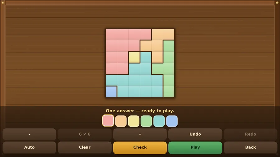 The Board Maker: a 6×6 board painted in six colours, the note One answer — ready to play., and Auto, Clear, Check, Play, Back