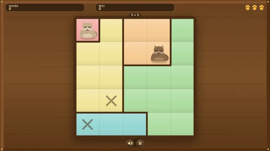 A small 5x5 puzzle with two cats placed, two cross marks and patches in pink, orange, yellow, green and teal.
