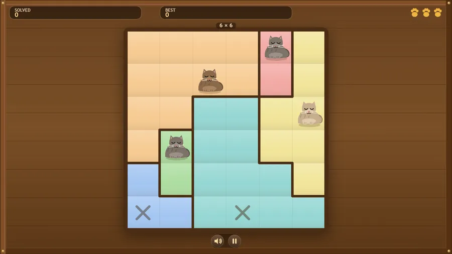 A 6x6 puzzle with four cats placed across tall patches and two crosses marked in the bottom corners.