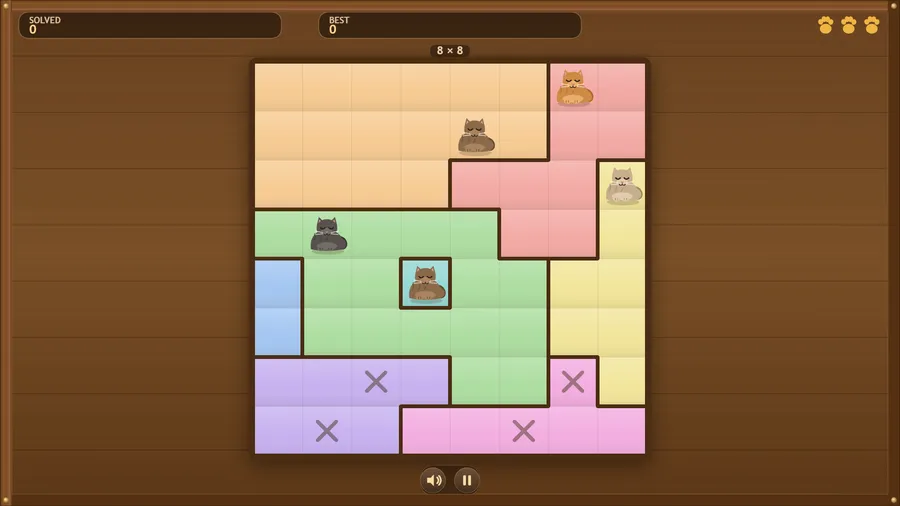 An 8x8 board with five cats placed among pastel patches and four cross marks near the bottom.