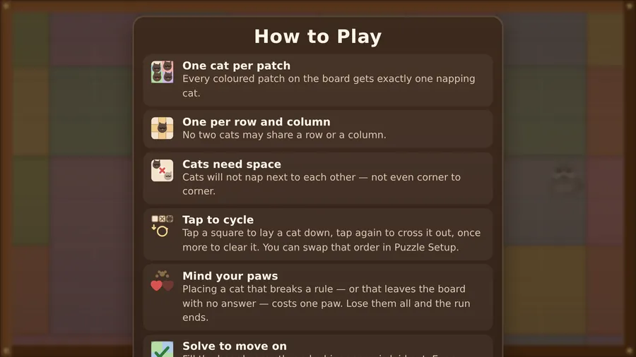 The How to Play panel with rules One cat per patch, One per row and column, Cats need space, Tap to cycle and Mind your paws